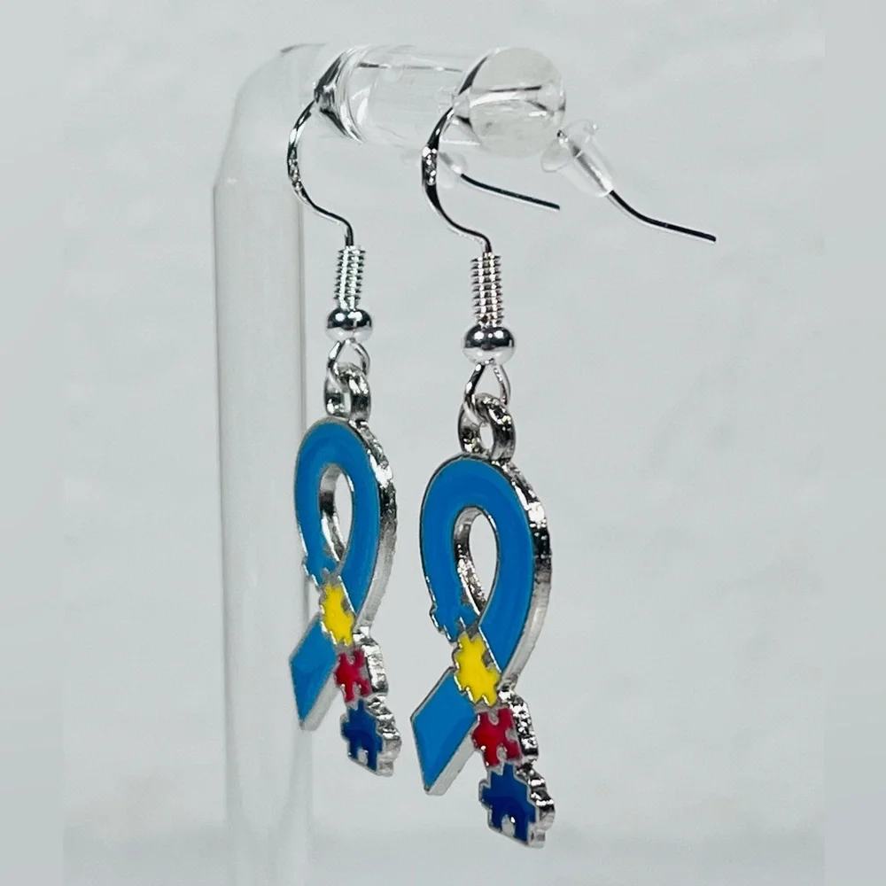Autism Puzzle Piece Ribbon Earrings - Picture 3 of 8